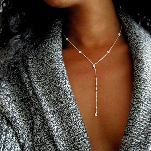 Gold Necklace for Women, Dainty Long Necklace 14k Gold Plated Lariat Long Necklaces for Women Trendy Simple Statement Drop Necklace Fashion Body Chain Prom Jewelry Gold Accessories - color: 7-Silver