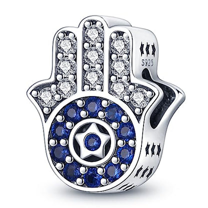 LNQOBU 925 Sterling Silver Charms for Bracelets Necklaces,5A Cubic Zirconias Evil Eye Dangle Beads Charms Jewelry Gift for Women (With one Spacer Beads Charms) - style: Fatima's Hand Bead Charm