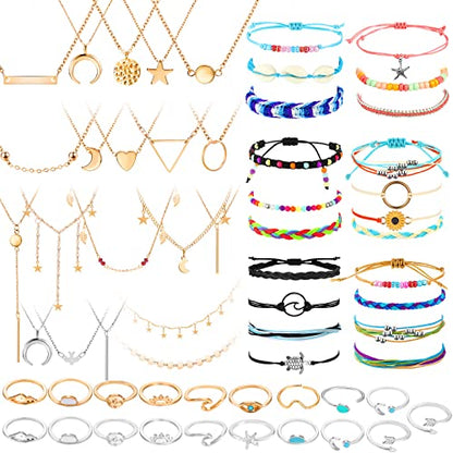 Batiyeer 60 Pcs Boho Surfer Wave Bracelet and Necklace Set for Women, Summer Beach Y2k Layered Choker Anklets Knuckle Rings - style: Bohemian,Chain