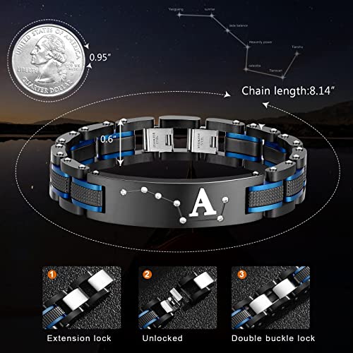 Men's Bracelet, Black and Blue Ion Stainless Steel, Initial Curved Plate, Gift for Boyfriend, Husband, Father, Comes with Gift Box - color: blue-blackA