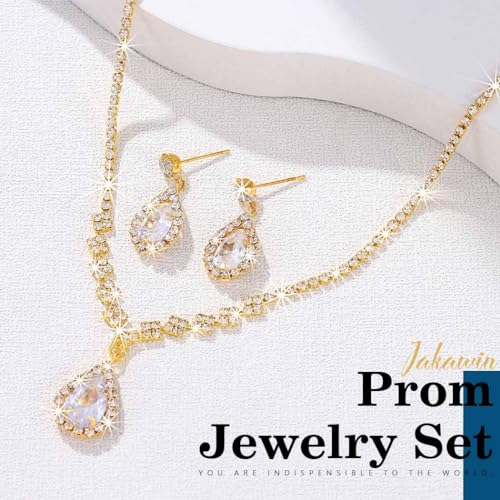 JAKAWIN Silver Rhinestone Jewelry Set Wedding Necklace Earrings for Women - color: B Gold