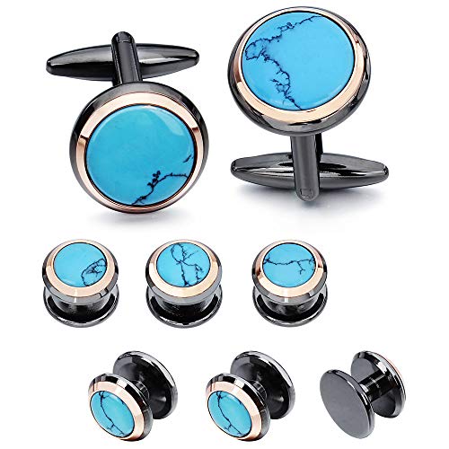 HAWSON Cufflinks and Studs for Men-Fashion Men Vintage Enamel Carbon Fiber Tuxedo Shirt Cufflinks and Studs Set for Regular Wedding Business Accessories - color: turquoise