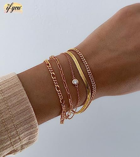 Gold Bracelets Set for Women Trendy, 14K Real Gold Plated Jewelry for Women Dainty Chain Bracelet Stack, Non Tarnish Gold Stackable Bracelets Pack Fashion Accessories Gifts - color: Style3-gold