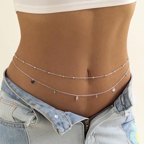 Waist Chains for Women Gold Waist Chain Silver Belly Chain Adjustable Layered Body Chain Sequin Belly Chains Sexy Bikini Beach Jewelry for Women (26.8-36.6 Inch) - style: turquoise+silver