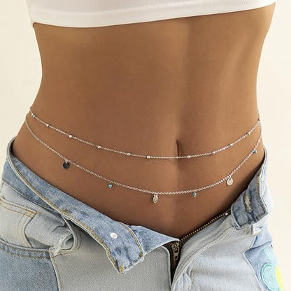 Waist Chains for Women Gold Waist Chain Silver Belly Chain Adjustable Layered Body Chain Sequin Belly Chains Sexy Bikini Beach Jewelry for Women (26.8-36.6 Inch) - style: turquoise+silver