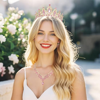 Crowns and Tiaras jewelry sets for Wedding princess birthday party Halloween Prom Pageant Jewelry for Women Crystal Bridal Jewelry Set for women - color: Gold Pink