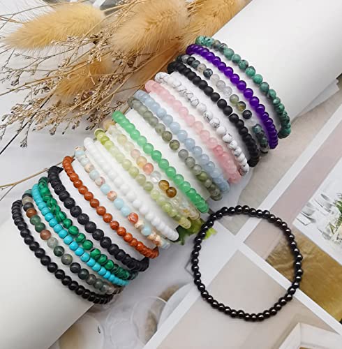FIRAZIO 20Pcs 4mm Gemstone Beaded Bracelets for Women Mens | Crystal Stone Bracelet Stretch Mini Round Beads Elastic Bracelets Jewelry Gift