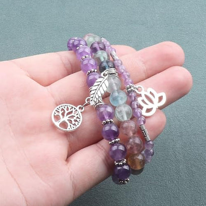 Tree of Life Yoga Healing Stone Bracelets,Multilayer Lotus Chakra Stone Reiki Bracelet Sets,Anxiety Crystal Natural Stone,for Women Stress Relief - style: Amethyst + Fluorite