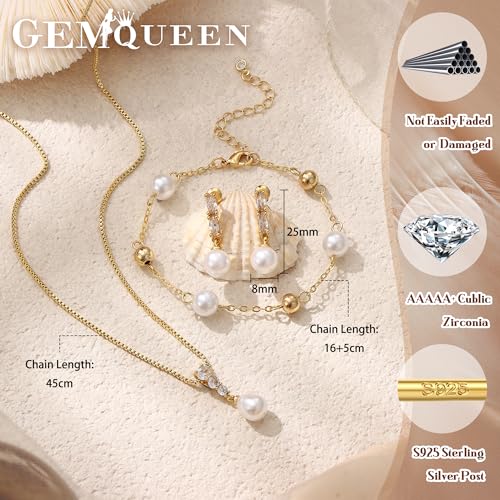 14K Gold Plated Pearl Jewelry Set 925 Sterling SIlver Post | Dainty Dangle Earrings Adjustment Pearl Necklace Bracelet Wedding Jewelry Sets for Bride Bridesmaid Trendy - color: Gold 1