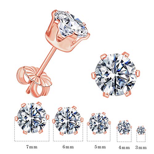 Gemsme 5 Pairs Princess Cut Cubic Zirconia Stud Earrings for Women/Men - 18K Gold Plated Hypoallergenic 3-7mm Square Clear CZ Earring Set - color: 925 Sterling Sliver-Rose Gold-Round 6 Prong