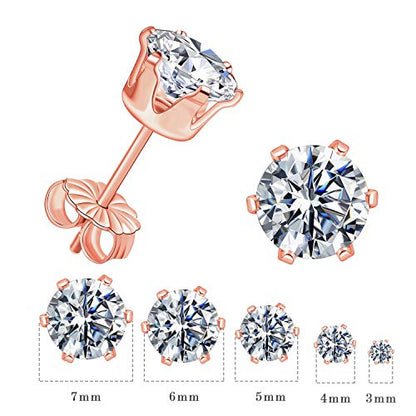Gemsme 5 Pairs Princess Cut Cubic Zirconia Stud Earrings for Women/Men - 18K Gold Plated Hypoallergenic 3-7mm Square Clear CZ Earring Set - color: 925 Sterling Sliver-Rose Gold-Round 6 Prong