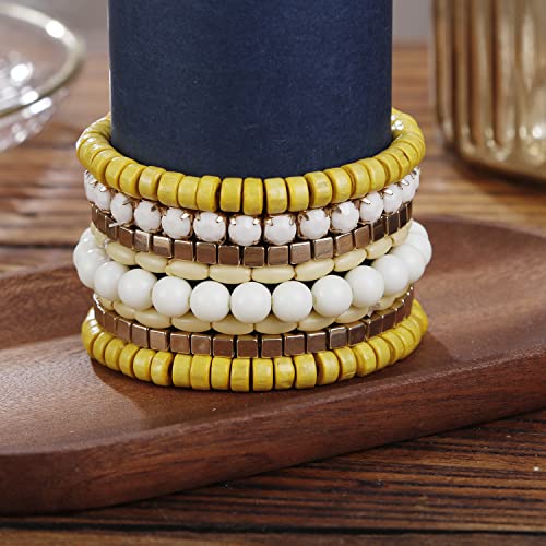 LUREME Boho Multi Strand Stackable Stretch Bracelet Set Wooden Cube Alloy Bead Bangle bl003172 - color: Yellow