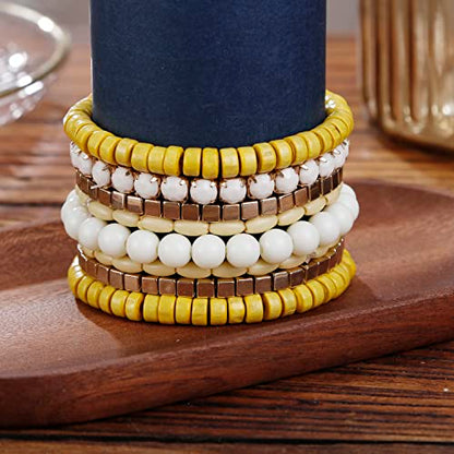 LUREME Boho Multi Strand Stackable Stretch Bracelet Set Wooden Cube Alloy Bead Bangle bl003172 - color: Yellow