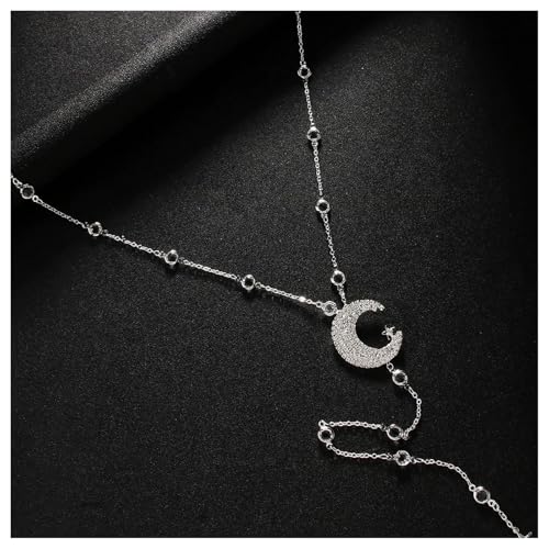 Simple Rhinestone Moon Star Back Chain Body Jewelry for Women Sexy Backless Crystal Necklace Bridal Wedding Backdrop Dress Accessories Jewelry - color: Silver