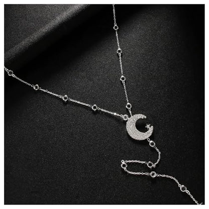 Simple Rhinestone Moon Star Back Chain Body Jewelry for Women Sexy Backless Crystal Necklace Bridal Wedding Backdrop Dress Accessories Jewelry - color: Silver