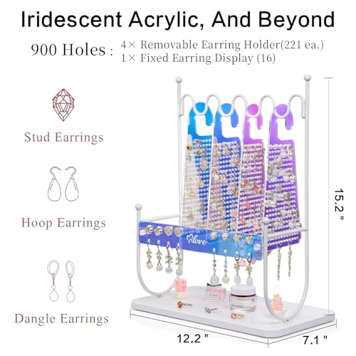 Keebofly Iridescent Acrylic Earring Organizer Holder for Girls, Tweens & Women - 900 Holes Jewelry Display Stand with Rainbow Glow for Studs, Hoops, Dangles - Modern Vanity Gift - color: Iridescent Arcylic & White