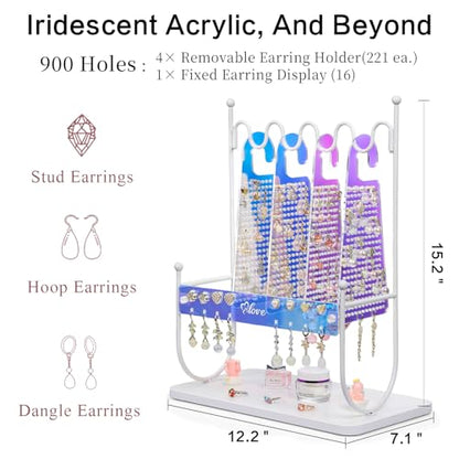 Keebofly Iridescent Acrylic Earring Organizer Holder for Girls, Tweens & Women - 900 Holes Jewelry Display Stand with Rainbow Glow for Studs, Hoops, Dangles - Modern Vanity Gift - color: Iridescent Arcylic & White