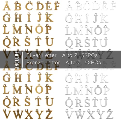 stino 200Pcs A-Z Metal Letter Charms for Jewelry Making, Capital Alphabet Initial Charms - color: 104Pcs Silver & Bronze Capital