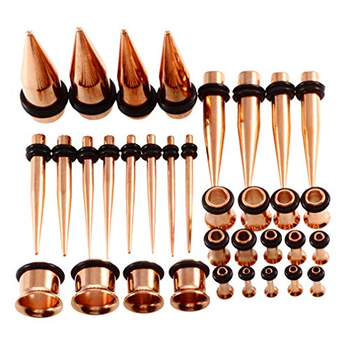 36pcs Ear Stretching Kit 14G-00G Surgical Steel Tapers Tunnels Gauges Set for Starter Women and Men Expanders Body Piercing Jewelry - color: Rose Goldtone