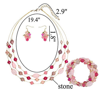 Coiris 3 Layers Illusion Wire Beaded Statement 19.5" Necklace for Women - color: ST0001-Pink Mix