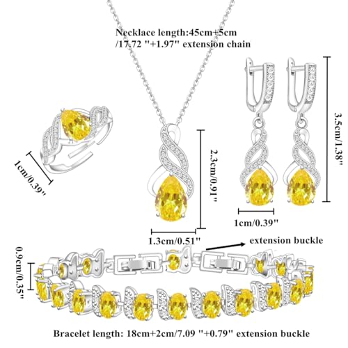 LMXXVJ Jewelry Set for Women,Teardrop Cubic Zirconia Necklace Earrings Adjustable Ring Bracelet Jewelry Set Formal Jewelry Gift - color: MHSD-White Gold-Yellow