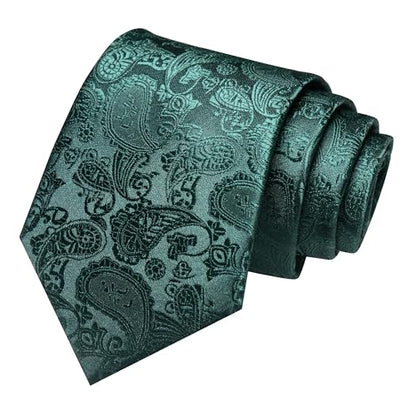 JEMYGINS Mens Solid Color Paisley Necktie and Pocket Square with Tie Clip Sets - color: Emerald Green
