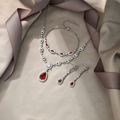EVER FAITH Bridal Jewelry Set for Women, Stunning Teardrop Cubic Zirconia Birthstone Necklace Bracelet Earrings Sets Gift for Mothers Day/Valentines/Birthday/Christmas - color: Red