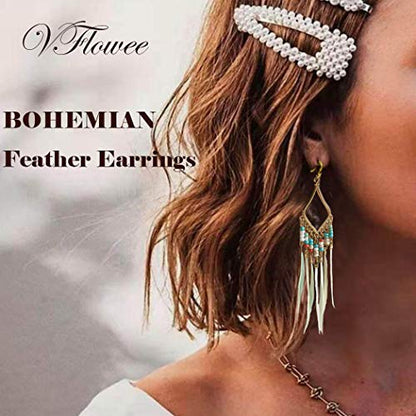 Gold Bohemian Earrings Set with Feather Tassel for Women
