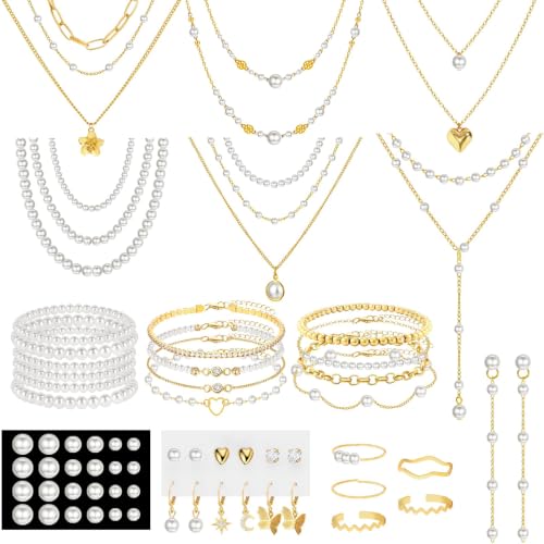 NEWITIN 69 Pieces Gold Jewelry Set for Women Fashion Costume Jewelry Gold Plated Necklace Bracelet Earrings Set for Women - color: Pearl Jewelry Set