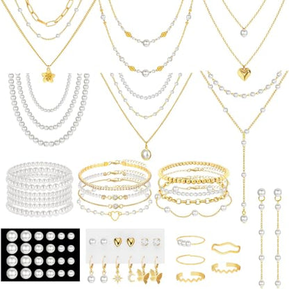 NEWITIN 69 Pieces Gold Jewelry Set for Women Fashion Costume Jewelry Gold Plated Necklace Bracelet Earrings Set for Women - color: Pearl Jewelry Set