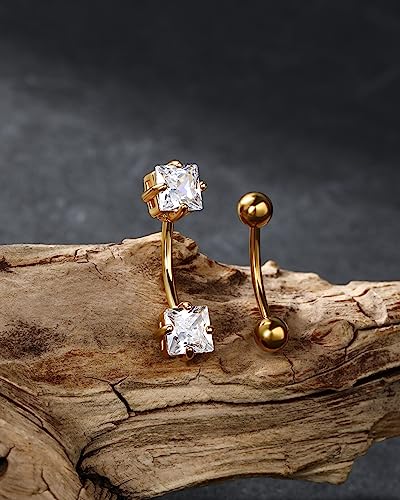 2pcs 16g Small Size Belly Button Rings Pack Surgical Steel Square AAA CZ Curved Barbell Navel Rings New - color: gold