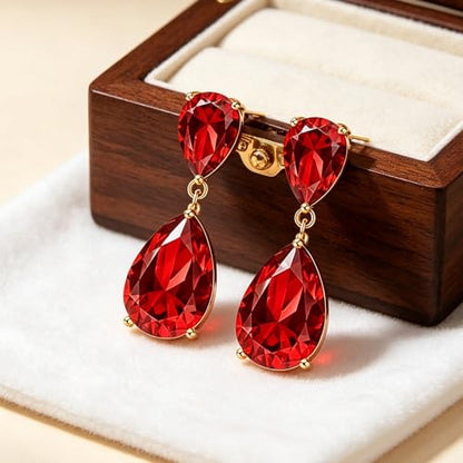 Teardrop Crystal Drop Earrings for Women, 14K Gold Plated Large Double Teardrop Dangle Earrings,Rhinestone Earrings for Wedding Prom Bridesmaid Party,Emerald/Red/Blue/Black/Pink/White Statement Earrings - color: red
