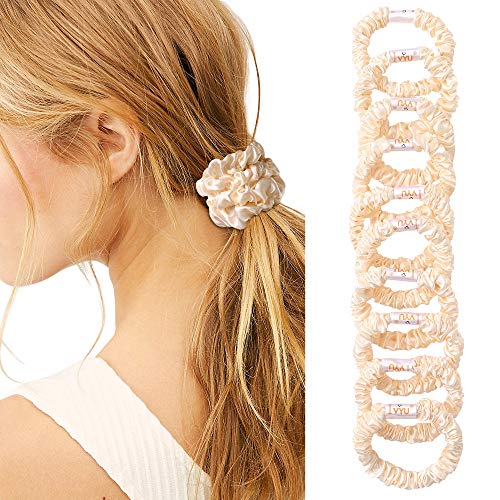 Scrunchies Silk Satin Hair Ties - Small Mini Thin Elestics Ponytail Holder Hair Bands Skinny Scrunchy For Thick Curl Hair No Crease Hair Ties Soft Accessories No Hurt Your Hair for Women and Girls - color: Beige