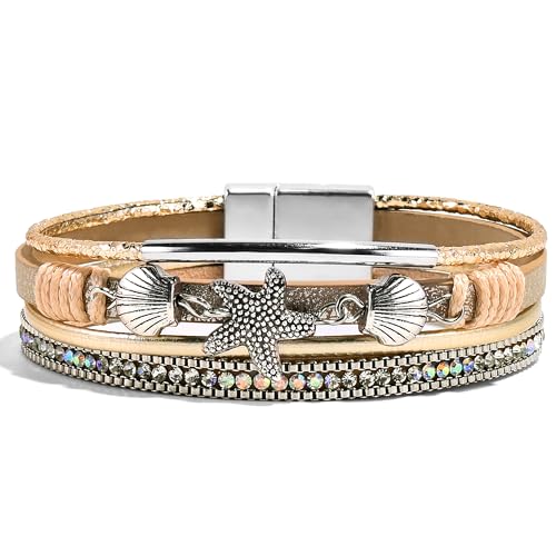 VIBILIA Boho Leather Wrap Bracelets for Women Multi-Layer Bracelets | With Strong Clasp Jewelry for Women - color: 04-ShellStarfish-Khaki