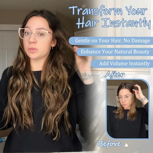 Balayage Dark Brown Halo Hair Extensions with Chestnut Highlights | 20 Inch Wavy Synthetic Fiber with Invisible Wire and 4 Secure Clips for Easy Daily Styling and Party Wear - color: Brown Highlight