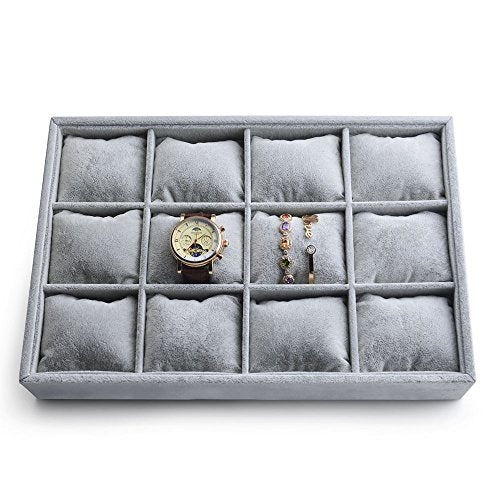 Oirlv Grey Velvet 12 Grid Watch Bracelet Bangle Jewelry Organizer Tray | 12 compartments with removable velvet pillows,stackable, fits in most drawers and dresser,open top for instant access - size: 12 Grid Tray with Pillow