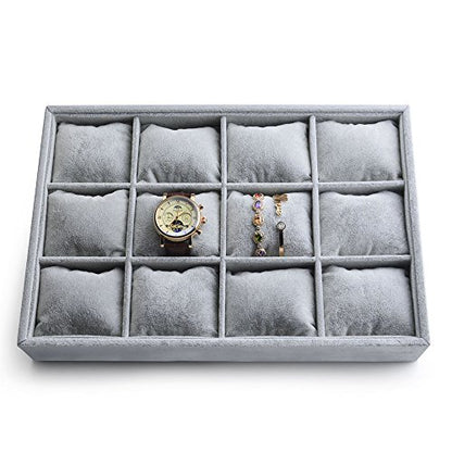 Oirlv Grey Velvet 12 Grid Watch Bracelet Bangle Jewelry Organizer Tray | 12 compartments with removable velvet pillows,stackable, fits in most drawers and dresser,open top for instant access - size: 12 Grid Tray with Pillow