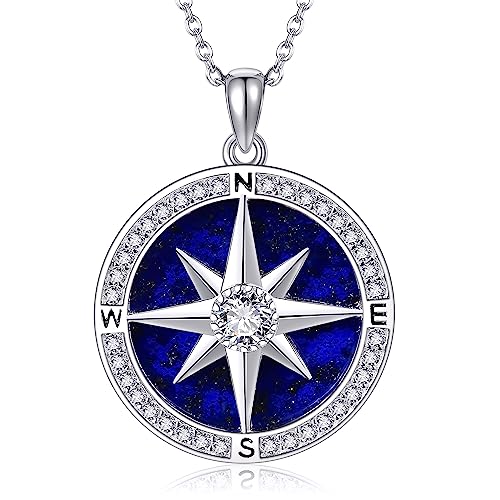 Moon/Lighthouse Necklace 925 Sterling Silver Abalone/Lapis Lazuli Lotus Flower Necklace for Women Crescent Jewelry Gift - style: Compass