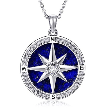 Moon/Lighthouse Necklace 925 Sterling Silver Abalone/Lapis Lazuli Lotus Flower Necklace for Women Crescent Jewelry Gift - style: Compass