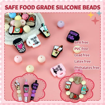 12pcs Coffee Silicone Focal Beads for pens | Focal Beads for Keychain Making,Pens,Bracelet,Necklace Crafts, Bulk Silicone Beads for DIY（Coffee） - color: Coffee cup