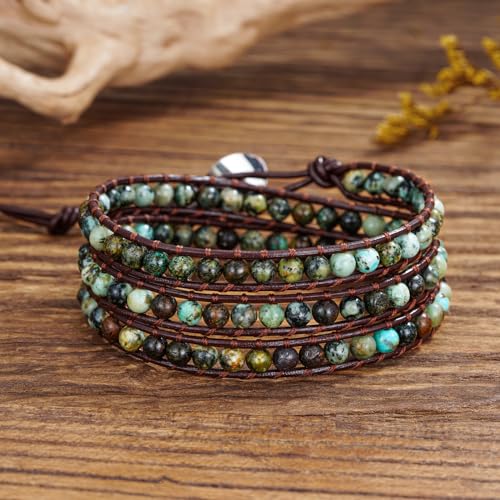 Plumiss Women Boho Handmade Natural Stone Crystal Leather Bead Wrap Bracelets Collection - style: 4mm African Turquoise 3W