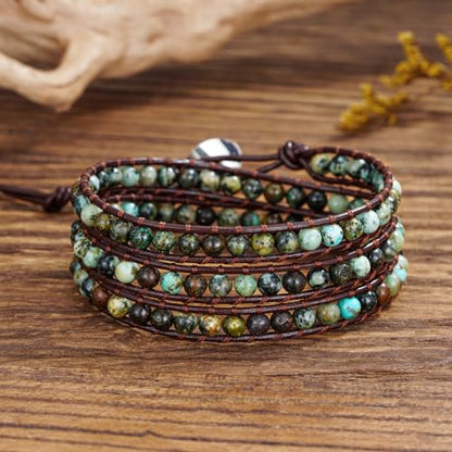 Plumiss Women Boho Handmade Natural Stone Crystal Leather Bead Wrap Bracelets Collection - style: 4mm African Turquoise 3W
