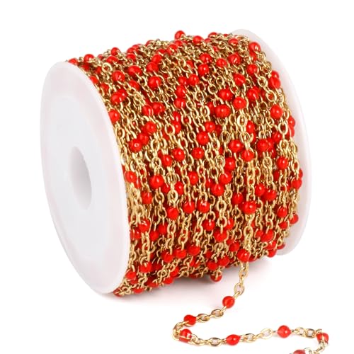 33FT 2mm Gold Cable Chains Red Enamel Chains Bulk Roll for Jewelry Making | 18K Gold PVD Plated Stainless Steel Enamel Beaded Chains Roll for Necklace Bracelet - color: Gold Red Beads