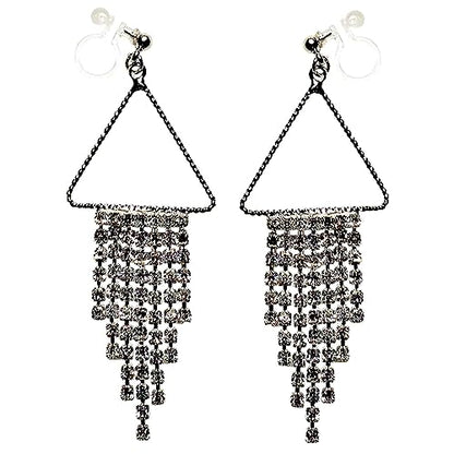 Dangle Silver Invisible Clip On Earrings for Women Not Pierced Gold Crystal Rhinestone Comfortable Hoop Fringe Long Chain Clip On Earrings - color: Fringe Silver 3