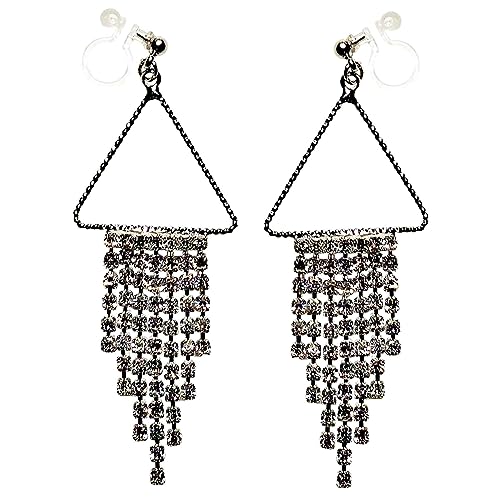 Dangle Silver Invisible Clip On Earrings for Women Not Pierced Gold Crystal Rhinestone Comfortable Hoop Fringe Long Chain Clip On Earrings - color: Fringe Silver 3