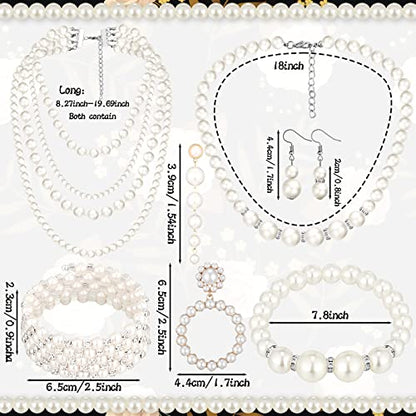 BBTO 8 Pcs Pearl Necklace and Earrings Set for Women Pearl Jewelry Set Faux Necklace Earrings Simulated Bracelets - style: Delicate Style