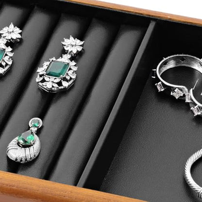 Solid Wood 2-in-1 Stackable Jewelry Display Tray | Solid wood frame & scratch-proof PU lining, 2-in-1 stackable tray for home vanity & retail jewelry display - color: Black, size: Ring/Flat Tray