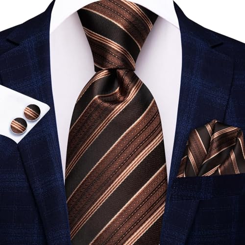 Hi-Tie Men 63inches Tie Set Extra Long Necktie Paisley Tie Pocket Suqare Cufflinks Big and Tall Men Tie - color: Black Brown