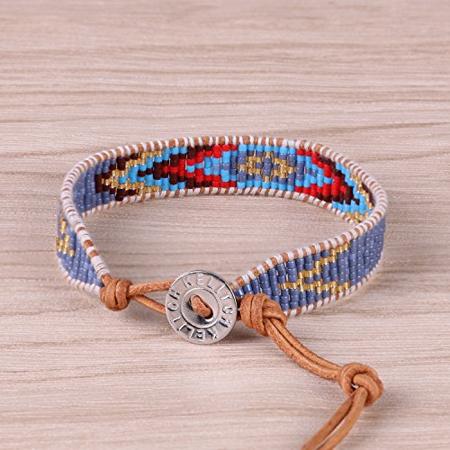 KELITCH Women Pearls Friendship Bracelets Handmade Blue Seed Bead Leather Wrap Bracelet Fashion Jewelry - color: E