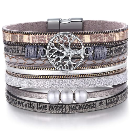 Leather Wrap Bracelets for Women, Boho Leopard Multi-Layer Crystal Beads Cuff Jewelry - color: J-Warp-005
